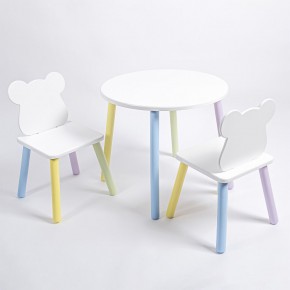 Комплект детский стол КРУГЛЫЙ и два стула МИШКА ROLTI Baby (белая столешница/белое сиденье/цветные ножки) в Губкинском - gubkinskiy.ok-mebel.com | фото