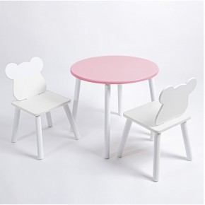 Комплект детский стол КРУГЛЫЙ и два стула МИШКА ROLTI Baby (розовая столешница/белое сиденье/белые ножки) в Губкинском - gubkinskiy.ok-mebel.com | фото